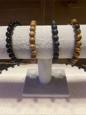 Set of 4, Sandlewood, Matte Onyx, Tiger Eye & Hematite Stone Beaded Bracelets